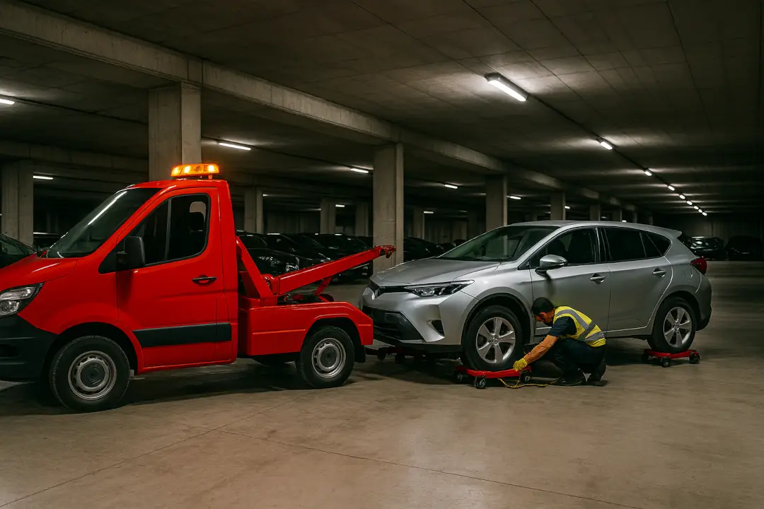 grua sacando coche de un garaje