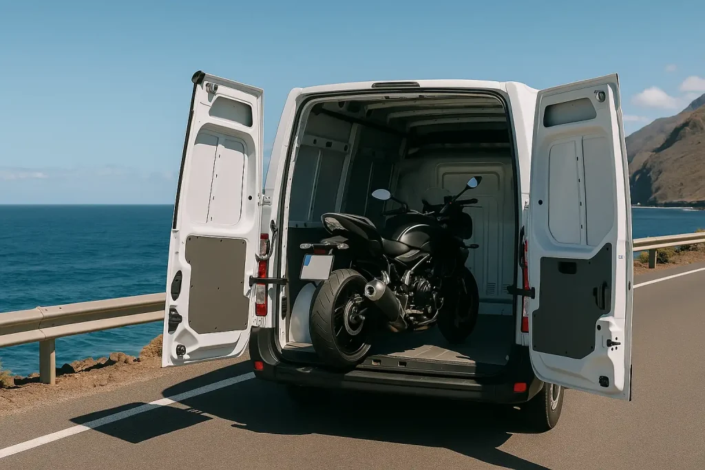 un furgón transportando una moto dentro