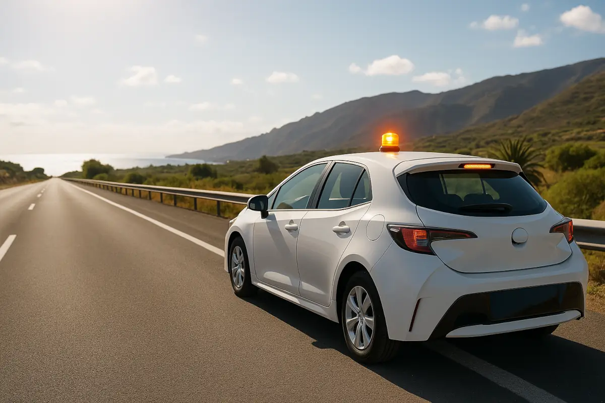 un coche en el arcén con una baliza v16 en el techo encendida