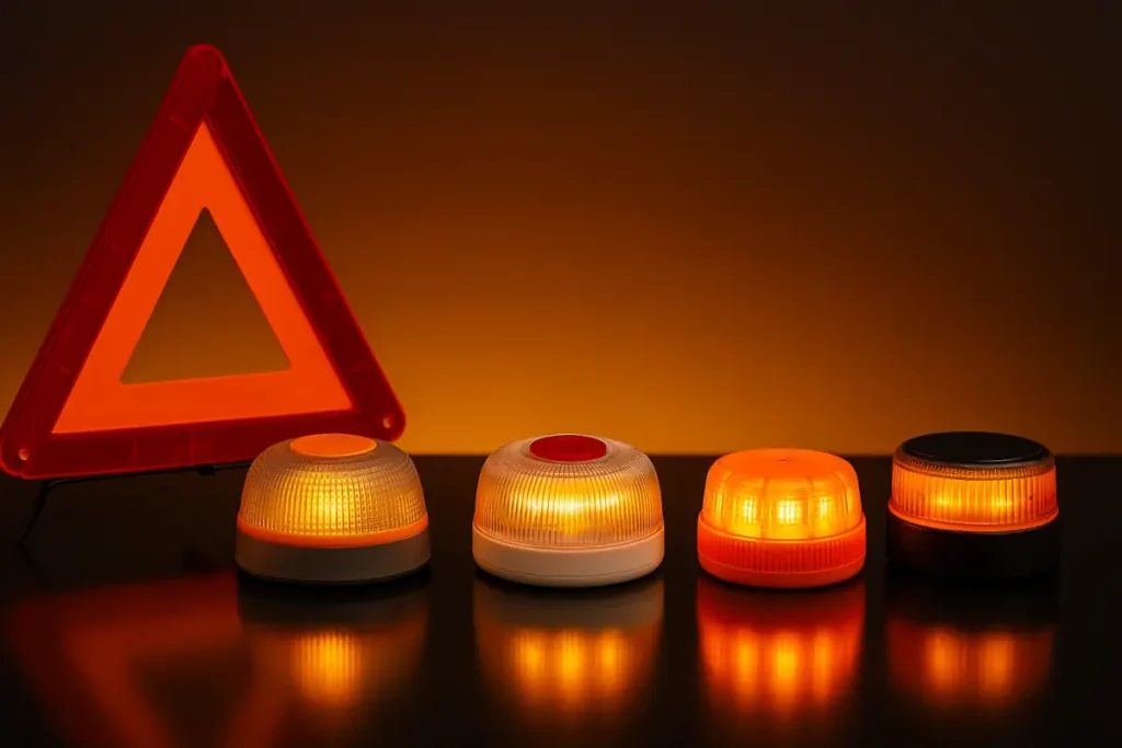 una muestra de diferentes balizas v16 y un triangulo de emergencia