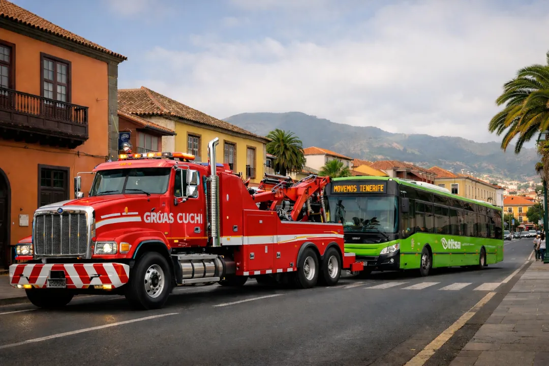 imagen de una grúa remolcando una guagua en Tenerife
