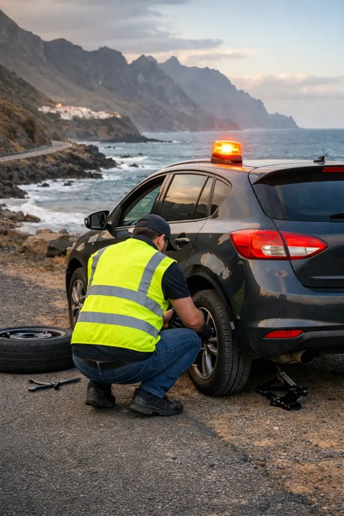 persona cambiando rueda de coche en anaga