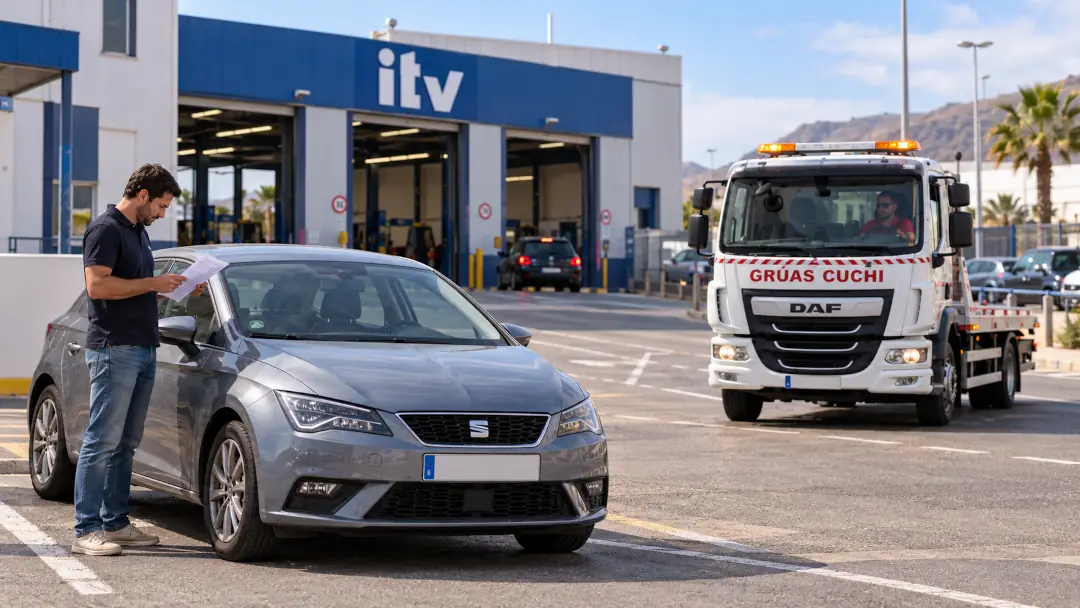 Salida de la ITV con grúa fotografía de una persona fuera de la ITV esperando la grúa